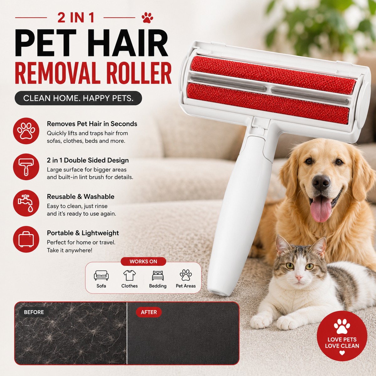 2-in-1 Pet Hair Remover Roller – Reusable & Washable